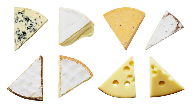 Isolated collection of various cheese wedges including blue, Brie, Swiss, and other delicious types