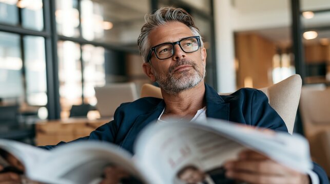 Mature businessman reading newspaper as part of daily information and news routine