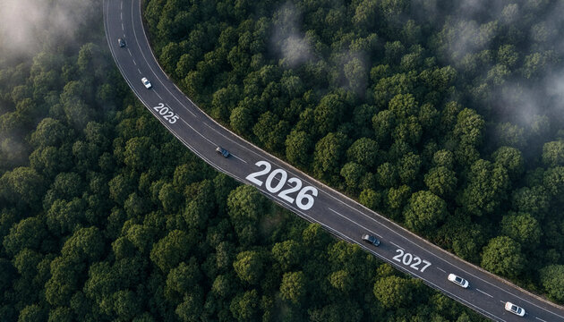 Curved asphalt road winding through dense green forest aerial view featuring painted numbers representing future years marking forward progression towards upcoming milestones in travel
