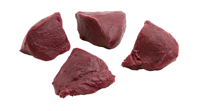 Isolated premium quality raw red meat cubes, fresh beef chunks for various culinary uses