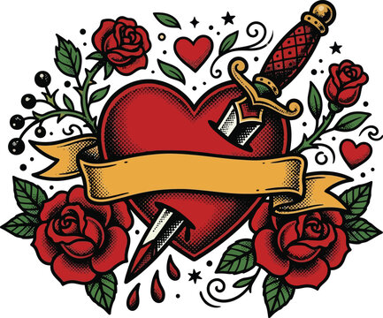 Traditional tattoo flash design with red heart pierced by dagger, roses, leaves and blank golden ribbon banner, vintage vector illustration