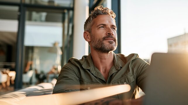 Mature businessman working on laptop during focused break in modern coworking office