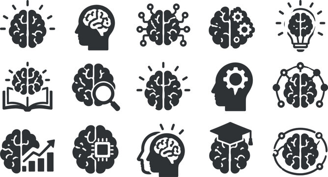 A diverse collection of brain icons illustrating intelligence learning creativity analytical thought processes and essential cognitive functions in a contemporary design style