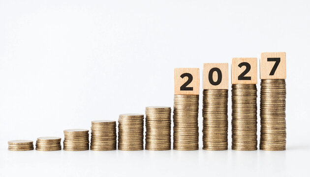 Wooden blocks forming year number twenty twenty seven resting on top of ascending stacks of shiny golden coins against a clean white background lighting