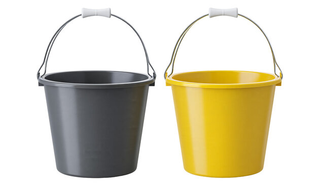 Isolated yellow and gray plastic buckets with metal handles, household cleaning or gardening tools.