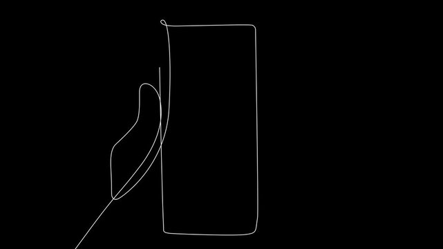 Minimalist elegant line art animation video of hand holding smartphone on black background
