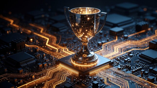 Glowing golden trophy cup sits on digital circuit board. Futuristic motherboard with orange light trails, microchips tech success. Cyberpunk hardware background represents innovation, artificial