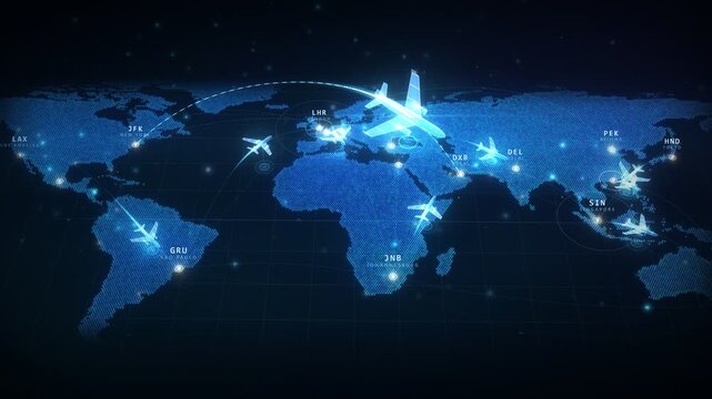global flight route map with commercial airplanes flying between international destinations