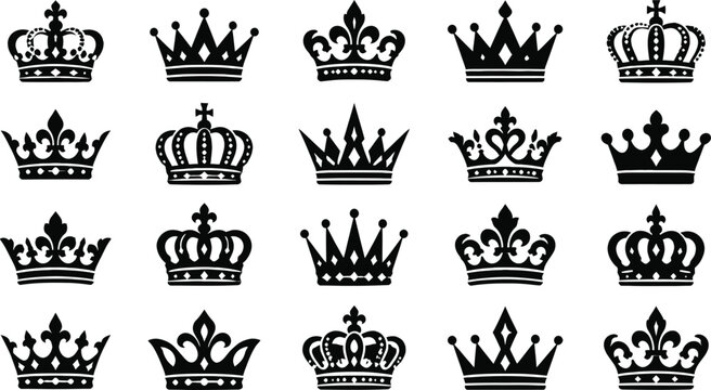 An assortment of detailed black silhouette crowns are neatly organized in a grid formation against a spotless white backdrop representing royalty and authority