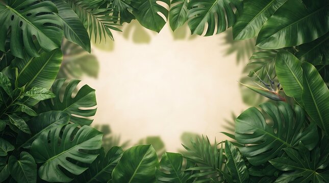 Tropical monstera leaves framing a blank cream center for design