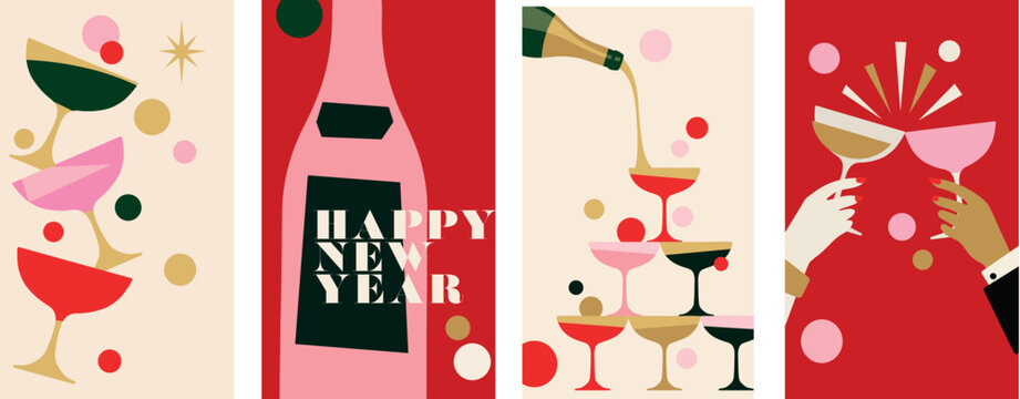 Happy New Year champagne toast and party celebration. Flat retro drinks posters showing bold typography, a champagne pyramid and clinking coupest