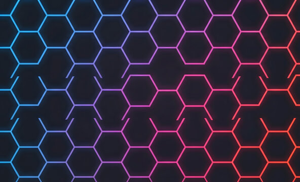 Futuristic cybernetic background with glowing neon blue and pink hexagonal grid pattern