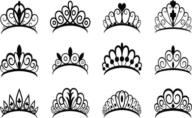 Princess tiara crown silhouette set, royal queen elegant diadem vector illustration © Sujan