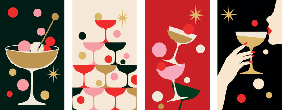 Glamorous cocktail hour and champagne tower celebration. Flat mid century drinks posters with a red lipped woman toasting and stacked coupe glassesPrint