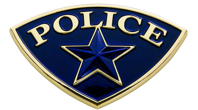Isolated shining police officer badge with bold gold letters and central star on blue shield