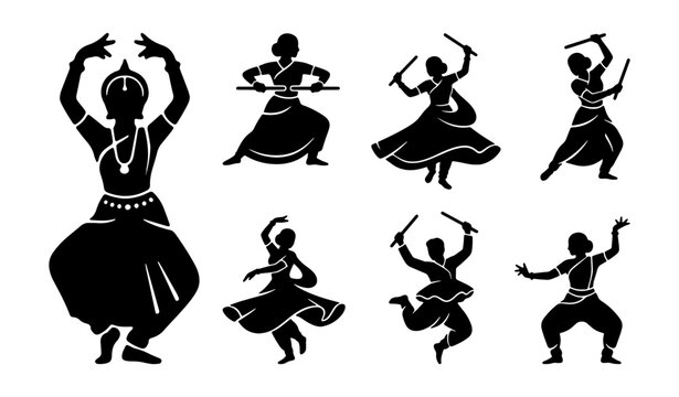 Indian dancers silhouettes set with traditional poses and dandiya sticks for cultural celebration or performance logo