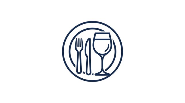 Minimalist vector icon of a dinner place setting featuring a circular plate outline containing line art of a fork, knife, and wine glass