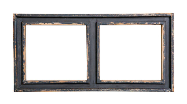 Isolated vintage rustic distressed black wooden window frame with two blank empty panes