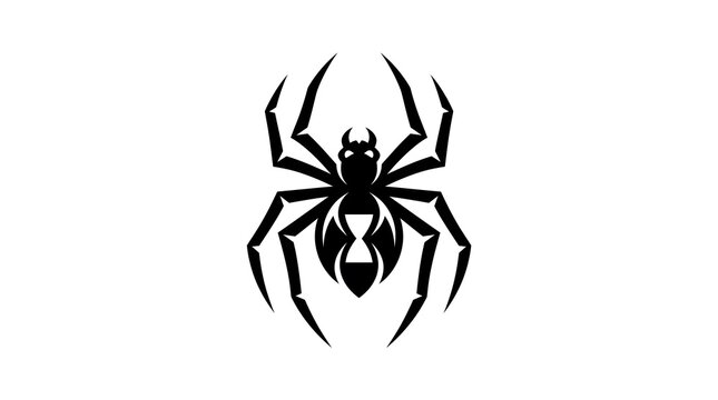 Black and white vector illustration of a stylized spider with a hourglass symbol on its abdomen, suitable for tribal tattoos, gothic designs, or mascot logos.
