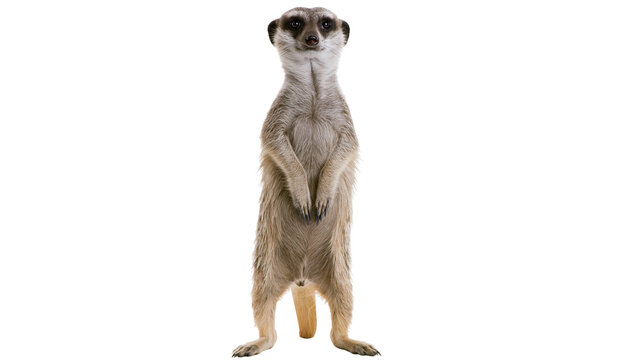Isolated meerkat standing upright looking at camera, numerical function F (908) below.