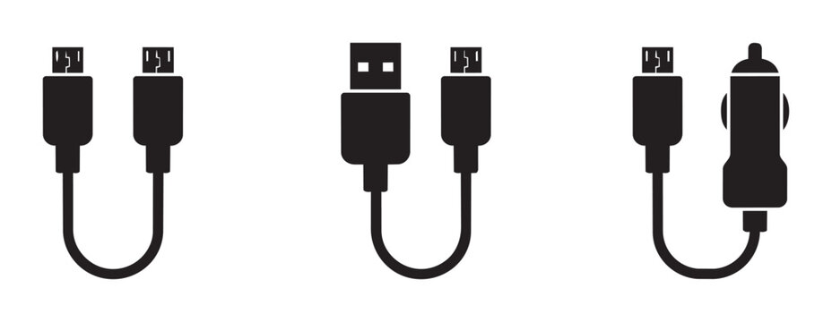 Charging cable silhouettes set with USB and car adapter, technology connection