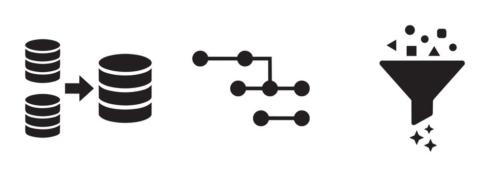 Database migration and data filtering icons set with server stacks and funnel