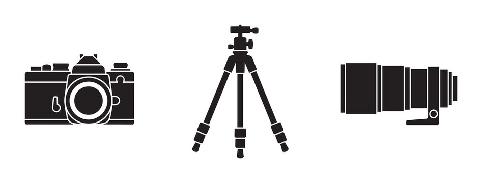 Camera, tripod and telephoto lens silhouettes set for photography, logo and signage