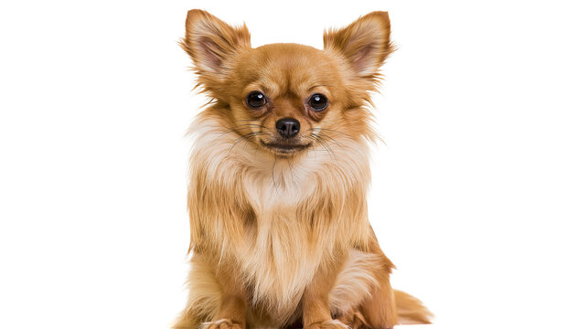 Isolated adorable long-haired Chihuahua dog sitting patiently and looking directly at camera