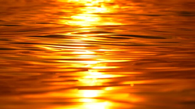 Sunlight reflections dance upon gentle lake waves during a tranquil summer evening at dusk. Static extreme close-up shot.