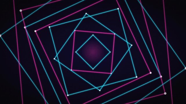 Spinning nested neon square frames flying toward camera, strobing club visual loop