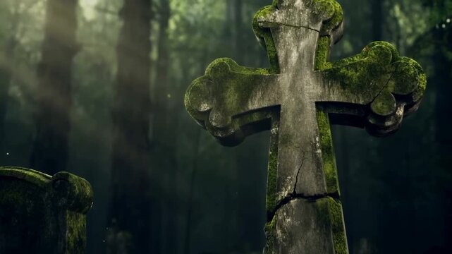 Slow motion tracking tilt dolly of moss covered stone cross leaning and cracking in foggy forest cemetery at dusk