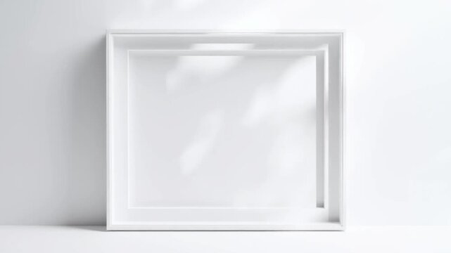 Slow motion static shot of empty white picture frame with subtle light reflections on wall in minimalist interior studio