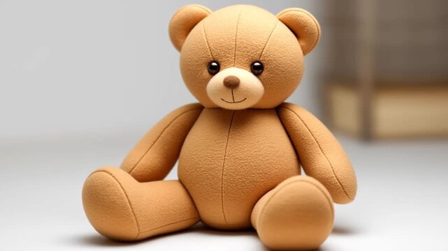 Slow motion tracking shot of plush teddy bear gently rocking on tabletop in studio setting