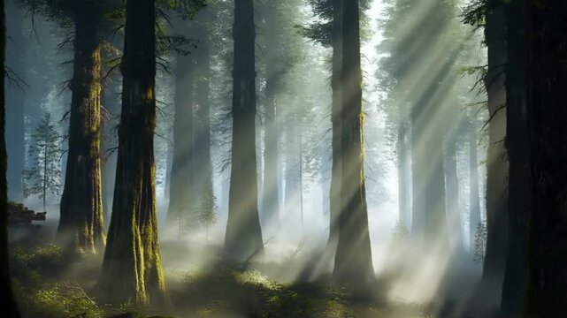 Slow panning shot of sunlight beams streaming through tall redwood trunks in foggy mossy forest morning