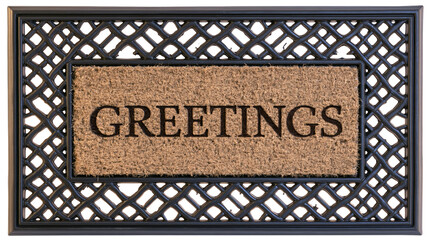 Isolated welcome mat with decorative black metal lattice frame and natural coir fiber Greetings text © Diego