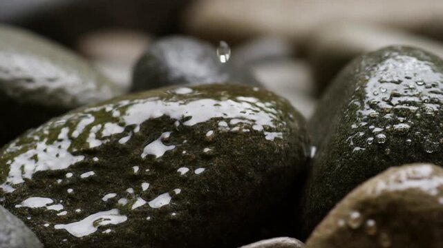 Slow motion macro static shot of water droplet landing on wet river pebbles in closeup shore setting