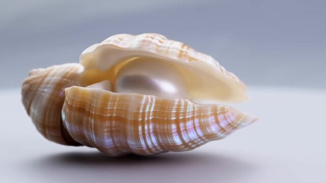 Slow motion close up tilt reveal of pearl inside opening seashell on studio surface with soft lighting and neutral background