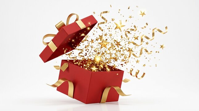 Dynamic 3D Render of Opening Red Gift Box with Exploding Gold Stars