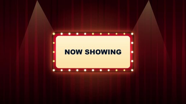 Now Showing Cinema Marquee Sign with Red Theater Curtains