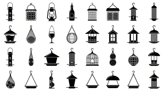 A comprehensive vector grid of 40 diverse black hanging bird feeder silhouettes, including tube feeders, suet cages, hopper houses, and nectar bottles, isolated on white.   