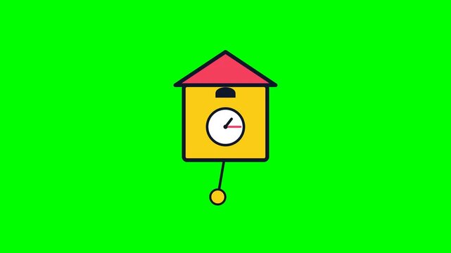 Multiple cartoon cuckoo clocks grid over green screen