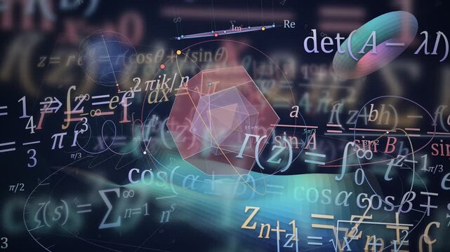 Complex mathematical formulas and geometric 3d shapes floating on a dark blue background loop
