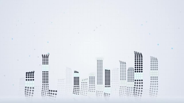 Digital city skyline animation with abstract dot matrix patterns moving on white background.