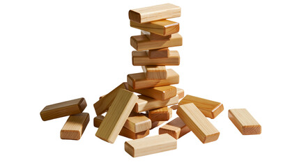 Isolated natural wooden toy blocks game tower partially collapsed. Balance challenge strategy © Andrei