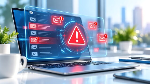 Laptop displaying red warning sign with mail envelopes representing email phishing scam or cybersecurity threat