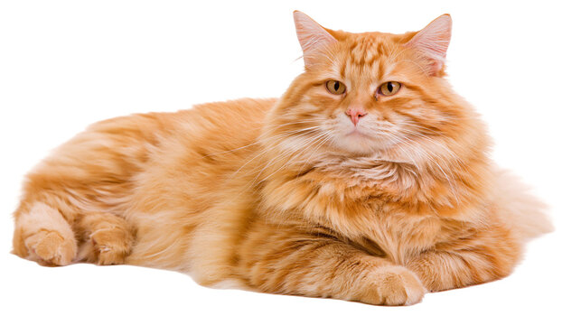 Isolated fluffy ginger cat lying down, looking at camera with warm gaze, domestic feline