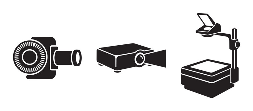 Retro camera, projector and overhead projector silhouettes set for media display