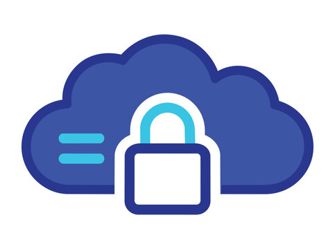 Secure cloud data storage icon featuring a cloud silhouette with integrated padlock and server rack lines for cybersecurity encryption and protected digital backup services