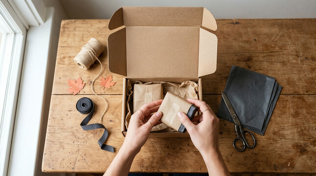 Artisan packing an autumn handmade item into a craft box at a wooden table in her workshop