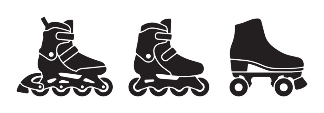 Inline skate and roller skate silhouettes set with wheels and laces for sports and leisure